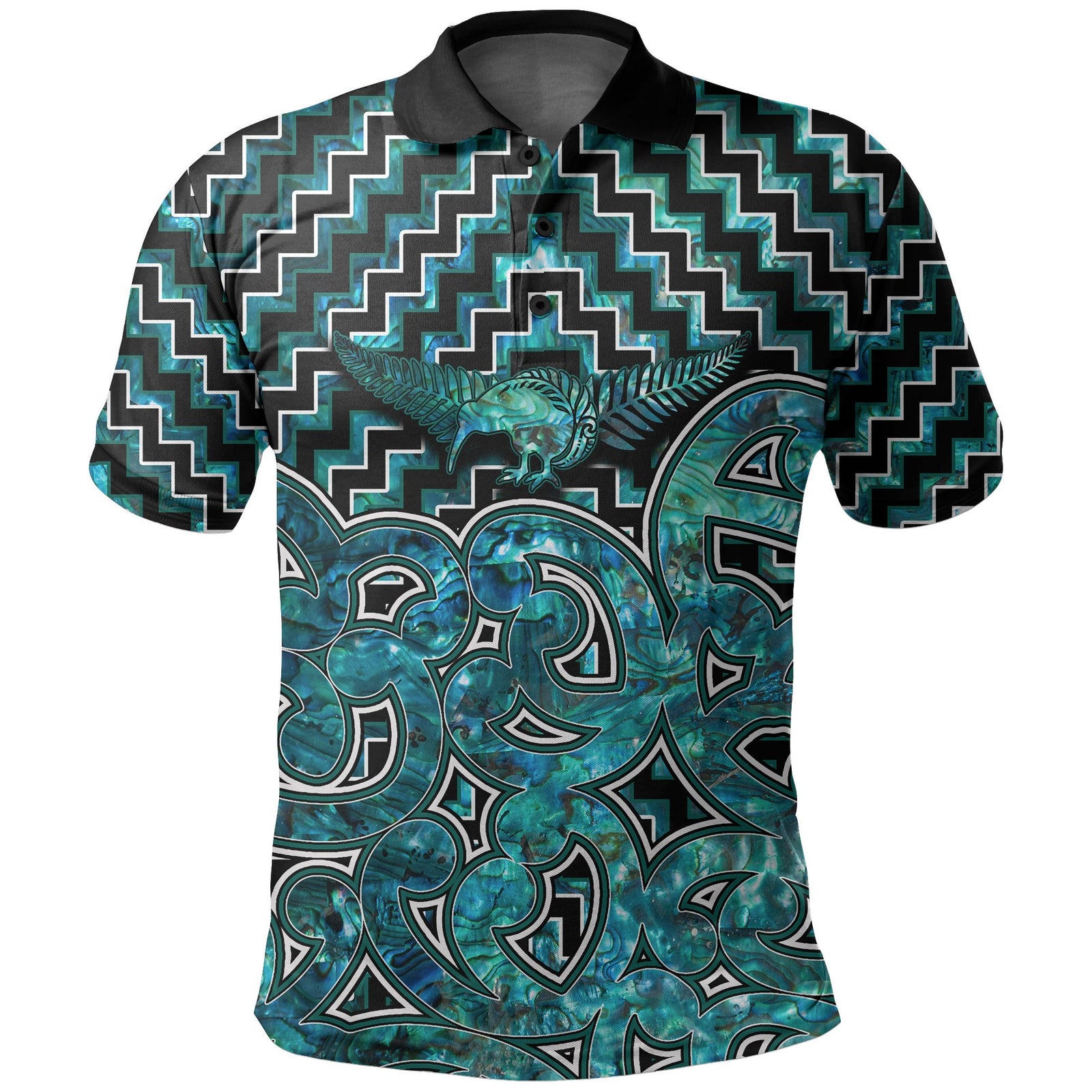New Zealand Polo Shirt - Maori Graphic Tee Patterns - Paua Shell LT6 Unisex Green - Polynesian Pride
