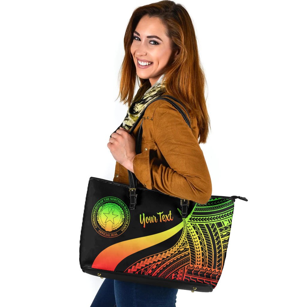 Northern Mariana Islands Custom Personalised Large Leather Tote Bag - Reggae Polynesian Tentacle Tribal Pattern Reggae - Polynesian Pride