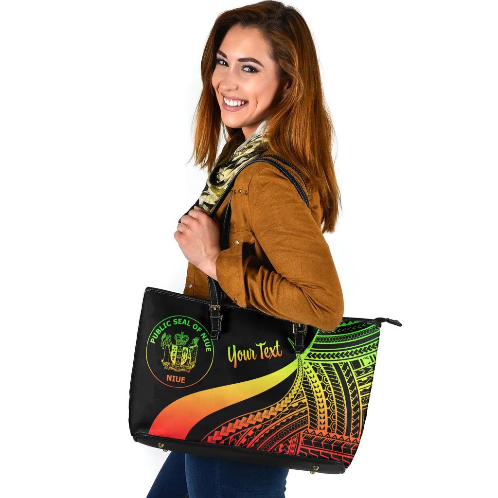 Niue Custom Personalised Large Leather Tote Bag - Reggae Polynesian Tentacle Tribal Pattern Reggae - Polynesian Pride