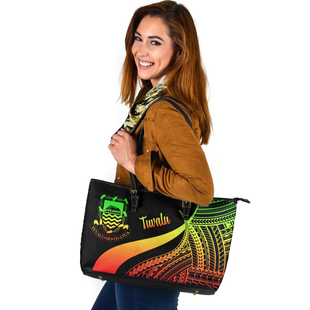 Tuvalu Large Leather Tote Bag - Reggae Polynesian Tentacle Tribal Pattern Reggae - Polynesian Pride