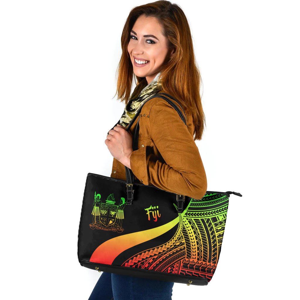 Fiji Large Leather Tote Bag - Reggae Polynesian Tentacle Tribal Pattern Crest Reggae - Polynesian Pride