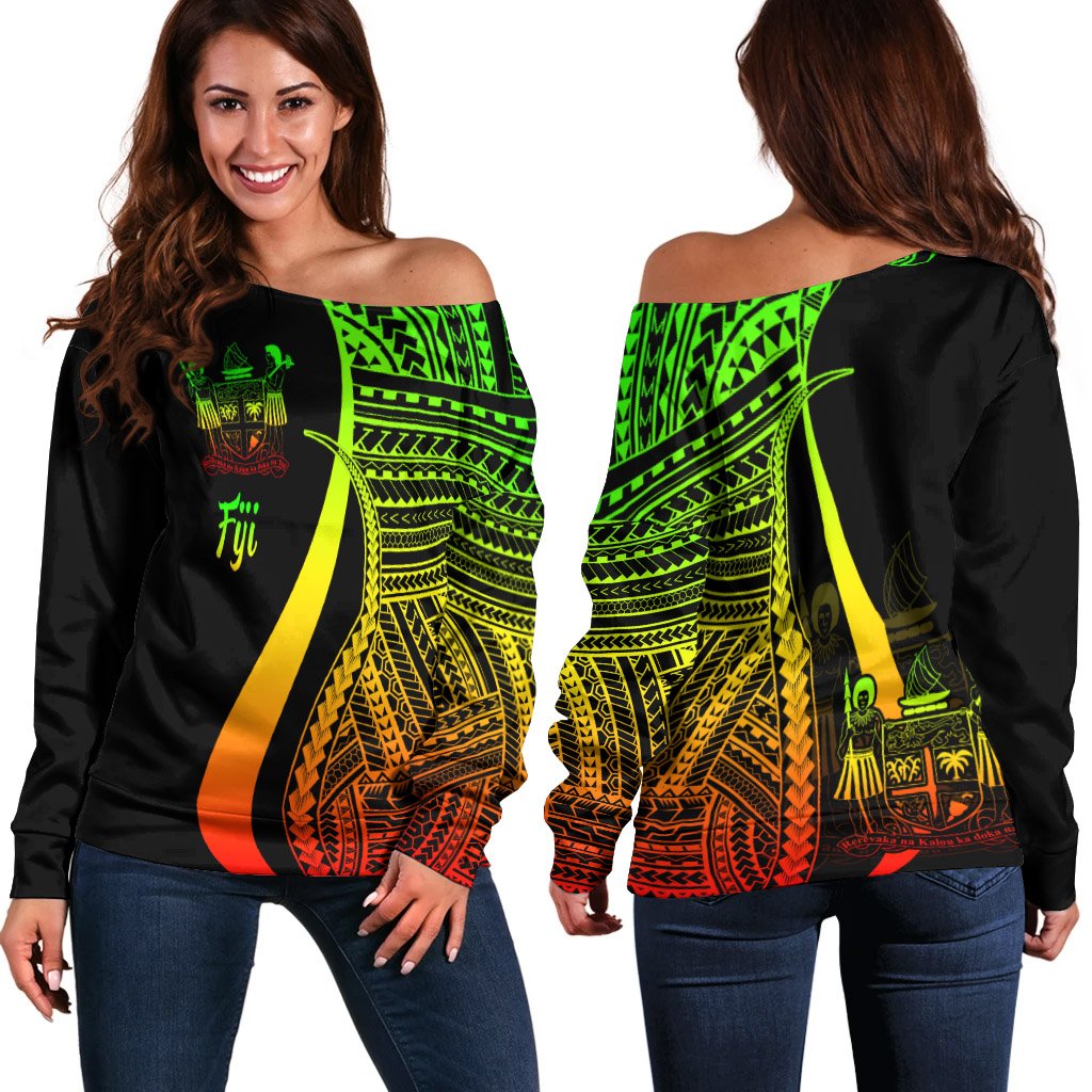 Fiji Women's Off Shoulder Sweater - Reggae Polynesian Tentacle Tribal Pattern Crest Art - Polynesian Pride