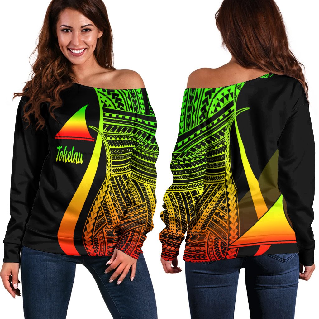 Tokelau Women's Off Shoulder Sweater - Reggae Polynesian Tentacle Tribal Pattern Art - Polynesian Pride