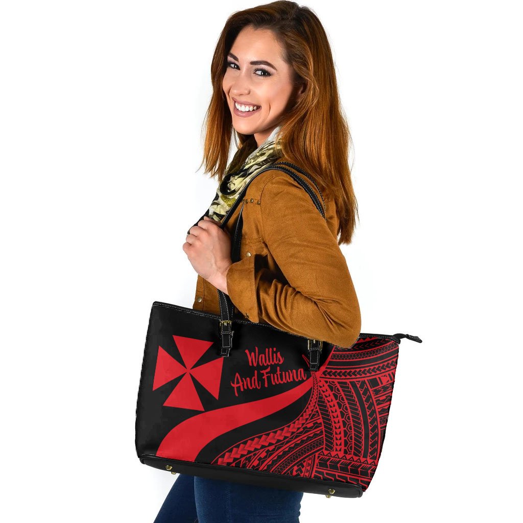 Wallis And Futuna Large Leather Tote Bag - Red Polynesian Tentacle Tribal Pattern Red - Polynesian Pride