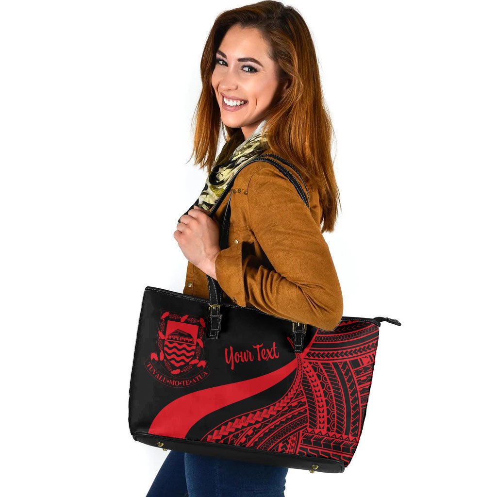 Tuvalu Custom Personalised Large Leather Tote Bag - Red Polynesian Tentacle Tribal Pattern Red - Polynesian Pride