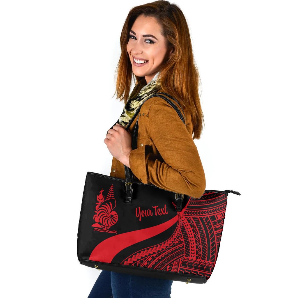 New Caledonia Custom Personalised Large Leather Tote Bag - Red Polynesian Tentacle Tribal Pattern Crest Red - Polynesian Pride