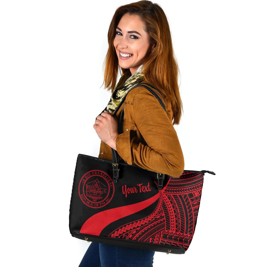 Palau Custom Personalised Large Leather Tote Bag - Red Polynesian Tentacle Tribal Pattern Crest Red - Polynesian Pride