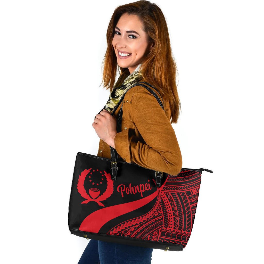 Pohnpei Large Leather Tote Bag - Red Polynesian Tentacle Tribal Pattern Red - Polynesian Pride