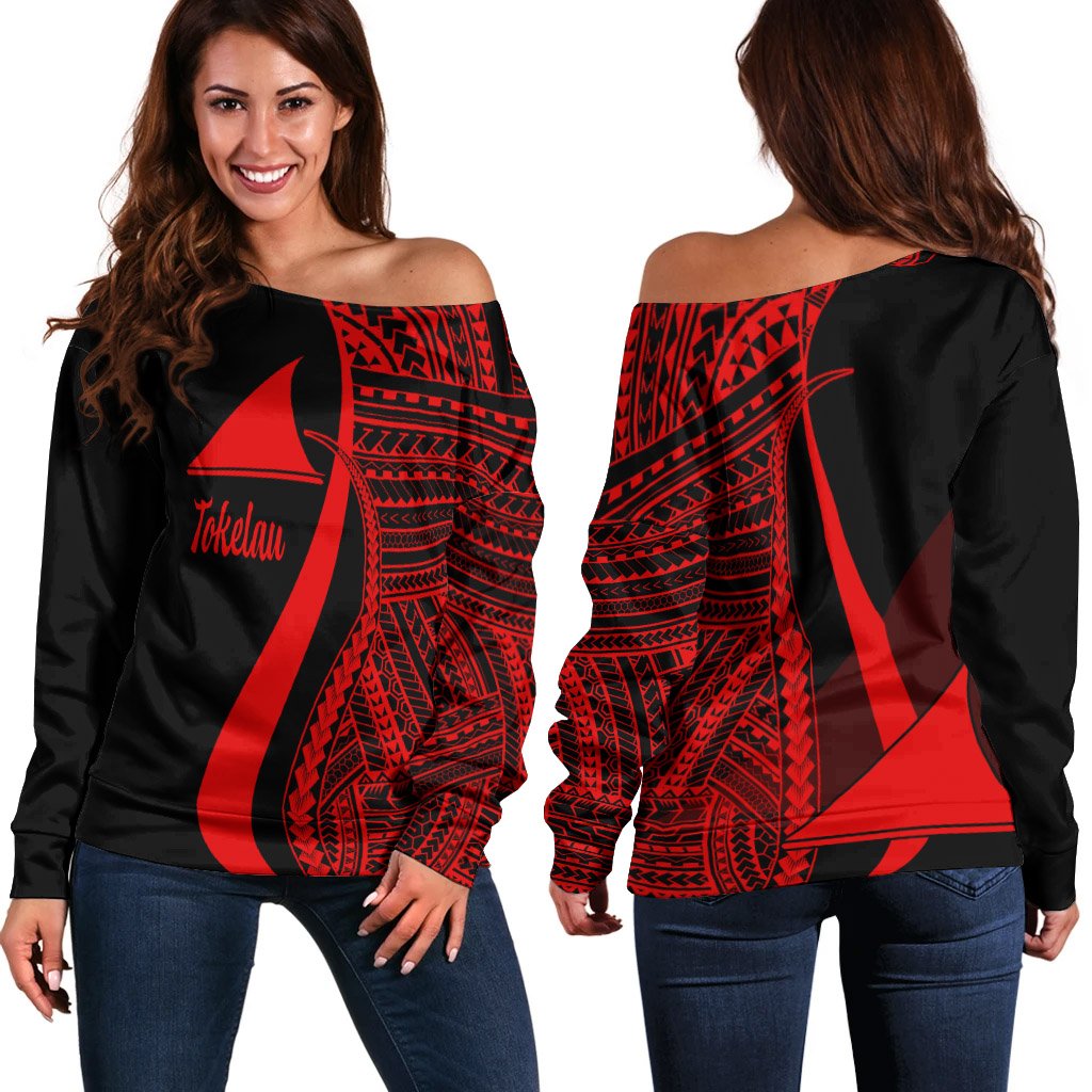 Tokelau Women's Off Shoulder Sweater - Red Polynesian Tentacle Tribal Pattern Red - Polynesian Pride