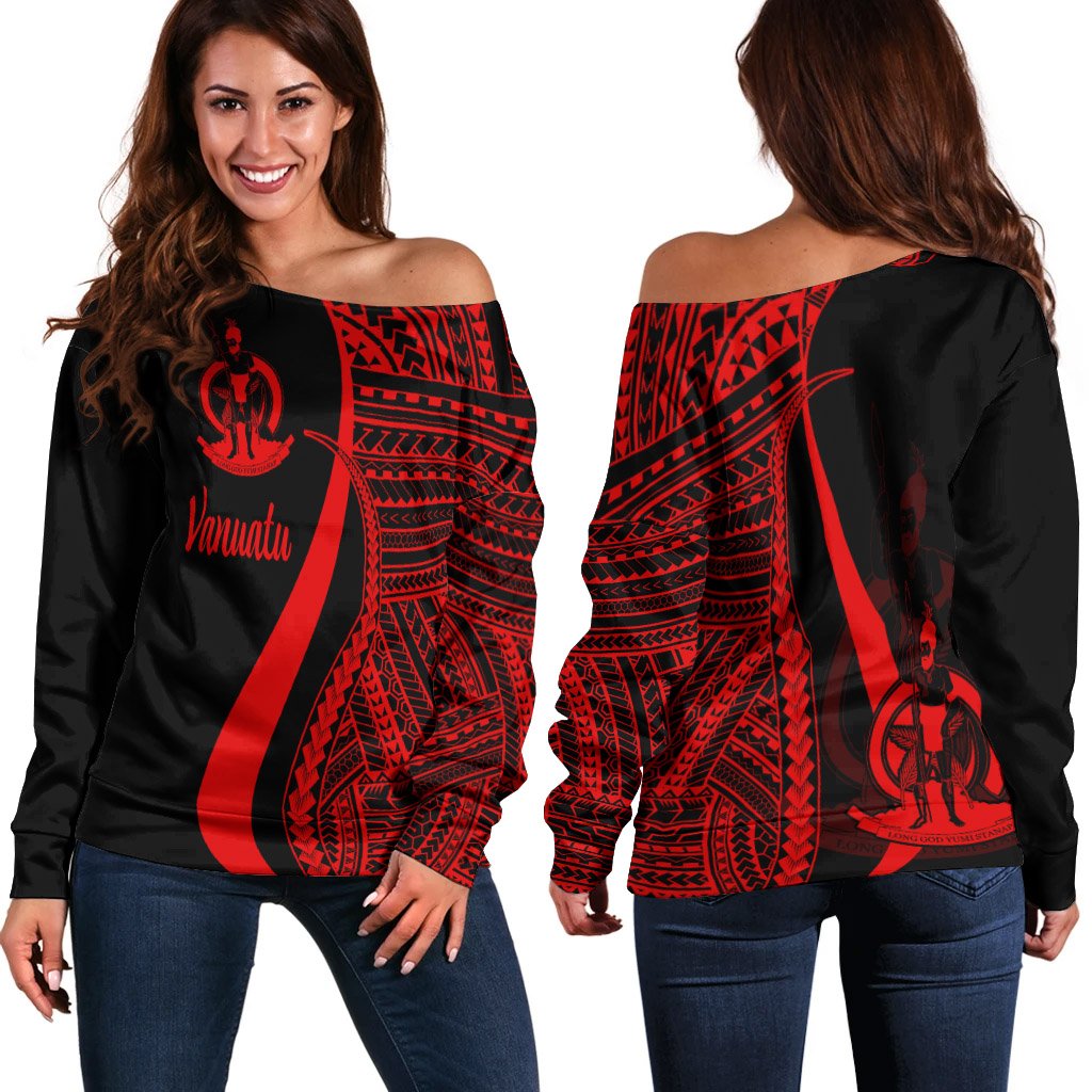 Vanuatu Women's Off Shoulder Sweater - Red Polynesian Tentacle Tribal Pattern Red - Polynesian Pride