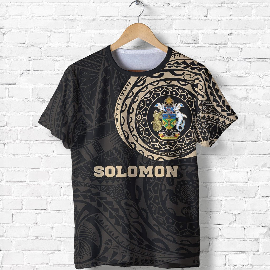 Solomon Islands T Shirt Solomon Islands Coat of Arms Polynesian Tattoo Style Unisex Black-Gold - Polynesian Pride