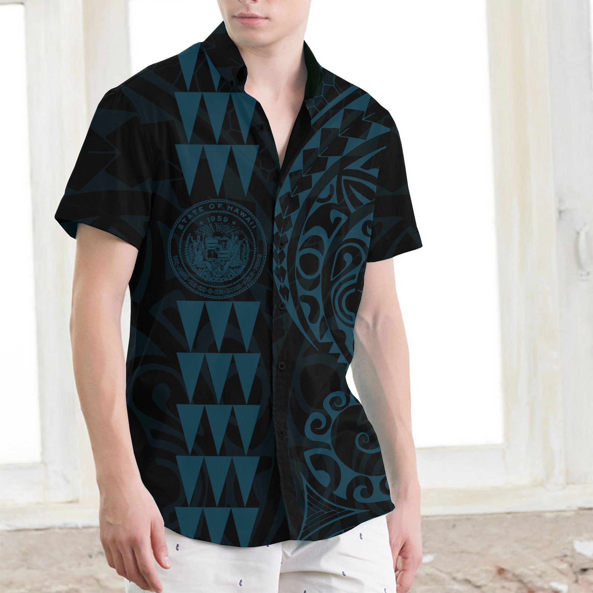 Hawaii Coat Of Arms Short Sleeve Shirt Blue Men Blue - Polynesian Pride