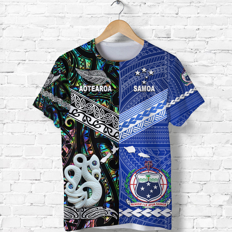 Samoa And New Zealand T Shirt Together Paua Shell LT8 Blue - Polynesian Pride