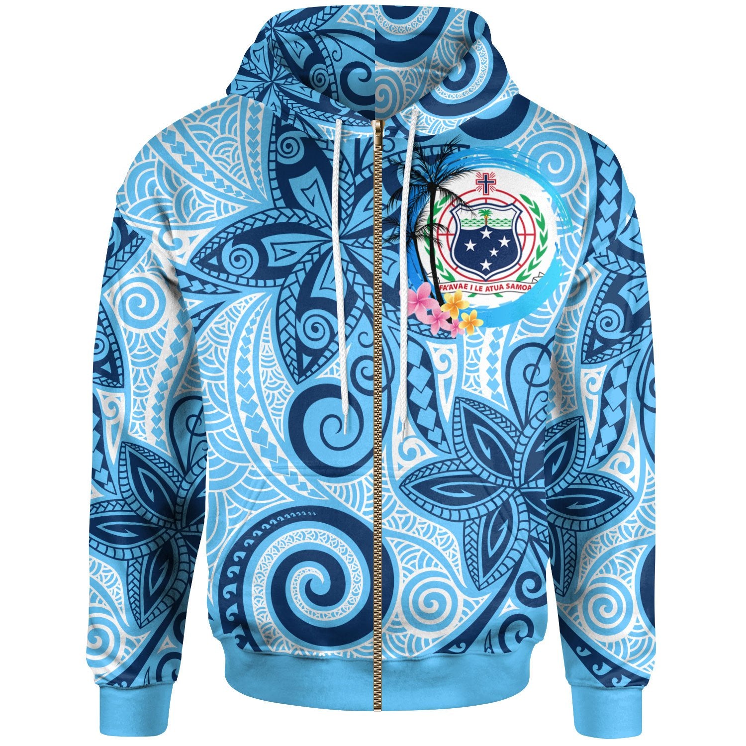 Samoa Zip Hoodie Tribal Plumeria Pattern Unisex Blue - Polynesian Pride