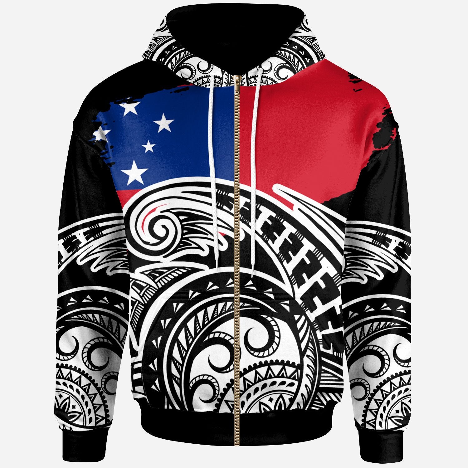 Samoa Custom Zip Hoodie Ethnic Style With Round Black White Pattern Unisex Black - Polynesian Pride