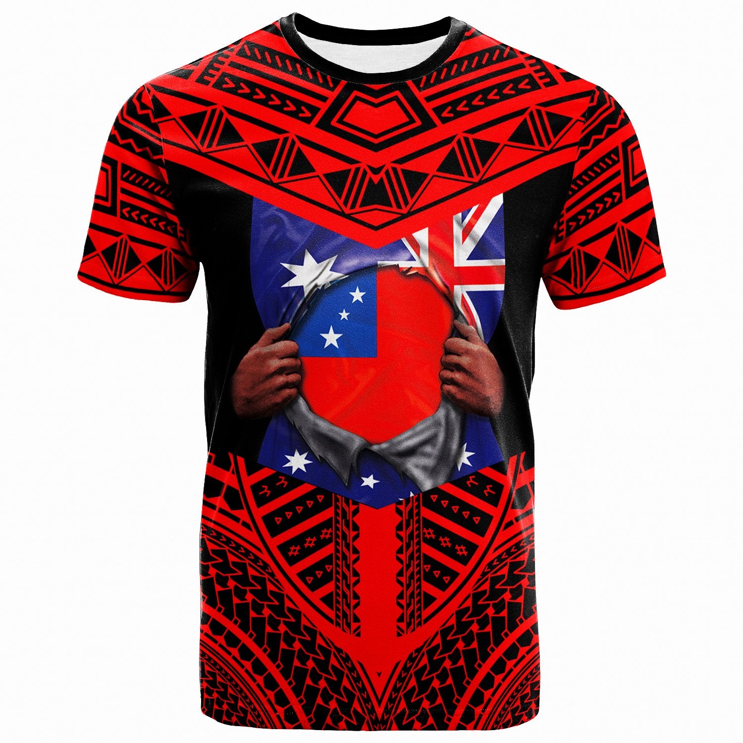 Samoa T Shirt Samoan Flag Australian Flag With Tribal Pattern Red Unisex Red - Polynesian Pride