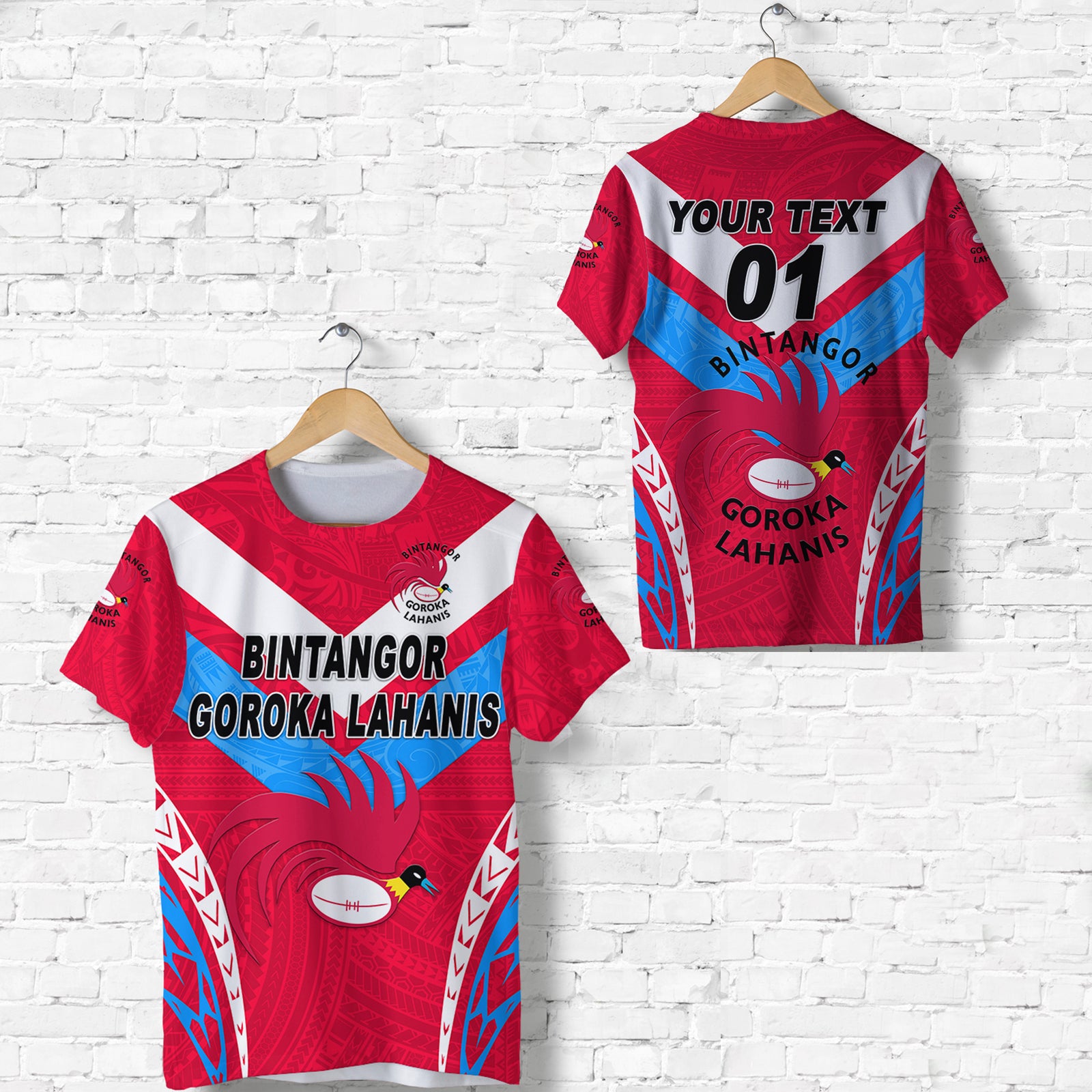 Custom Papua New Guinea Bintangor Goroka Lahanis T Shirt Rugby Original Style Red, Custom Text and Number LT8 Red - Polynesian Pride