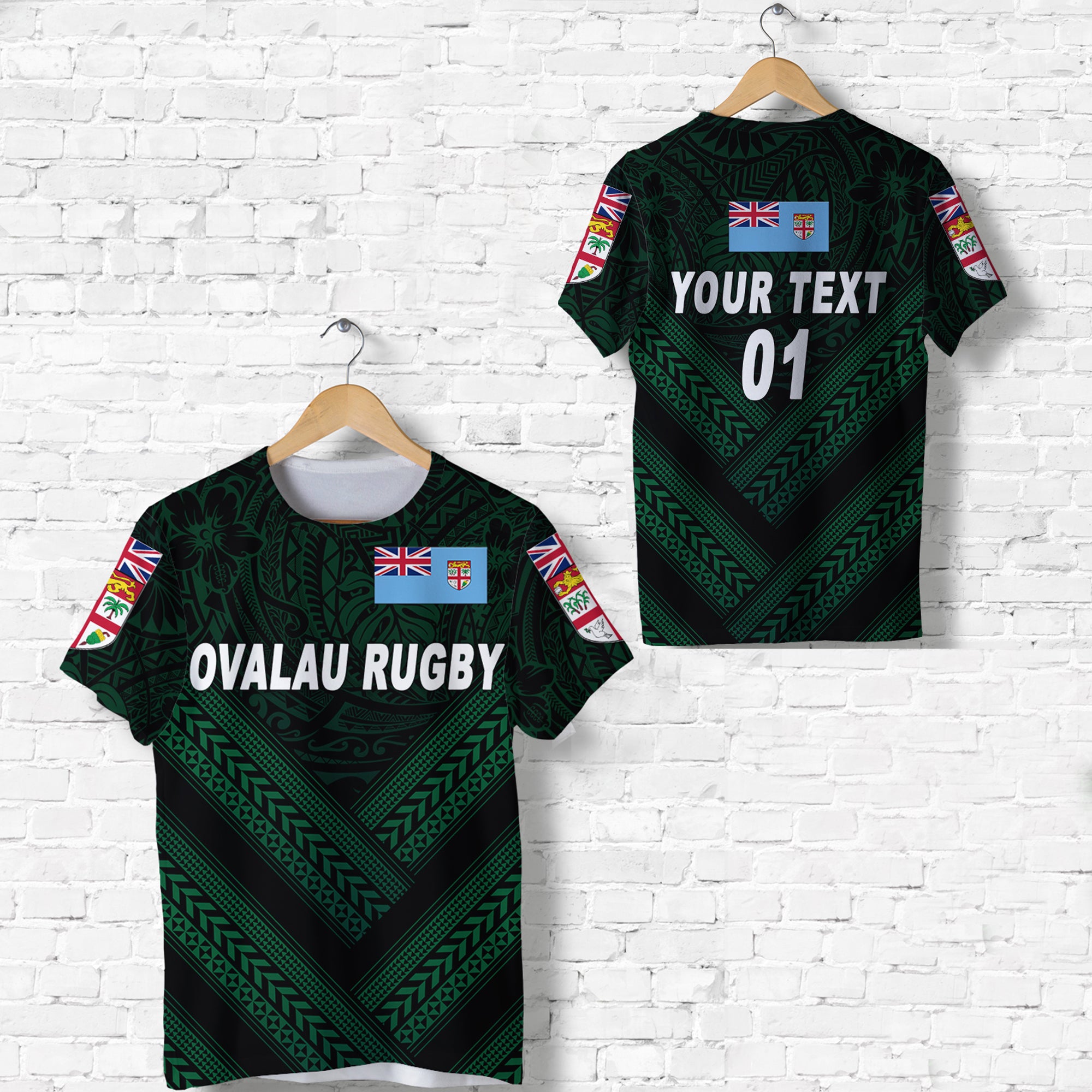 Custom Fiji Ovalau Rugby T Shirt Dark Green Style, Custom Text and Number LT8 Unisex Green - Polynesian Pride