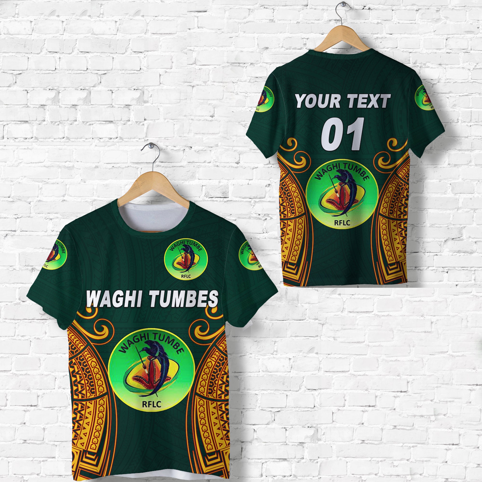 Custom Papua New Guinea Waghi Tumbes T Shirt Rugby Green, Custom Text and Number LT8 Unisex Green - Polynesian Pride