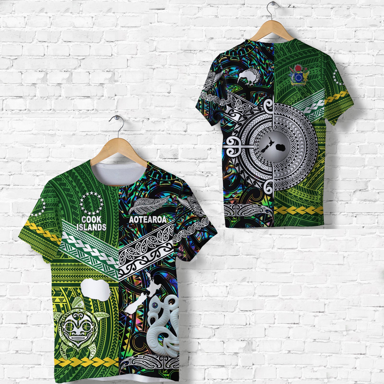 New Zealand Maori Aotearoa T Shirt Cook Islands Together Paua Shell LT8 Green - Polynesian Pride