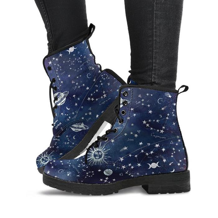 Celticone Women's Leather Boot - Blue Astrology Map Pagan Boots Blue - Polynesian Pride