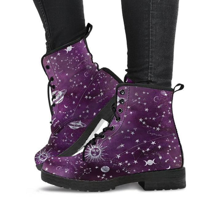 Celticone Women's Leather Boot - Purple Astrology Map Pagan Boots Purple - Polynesian Pride