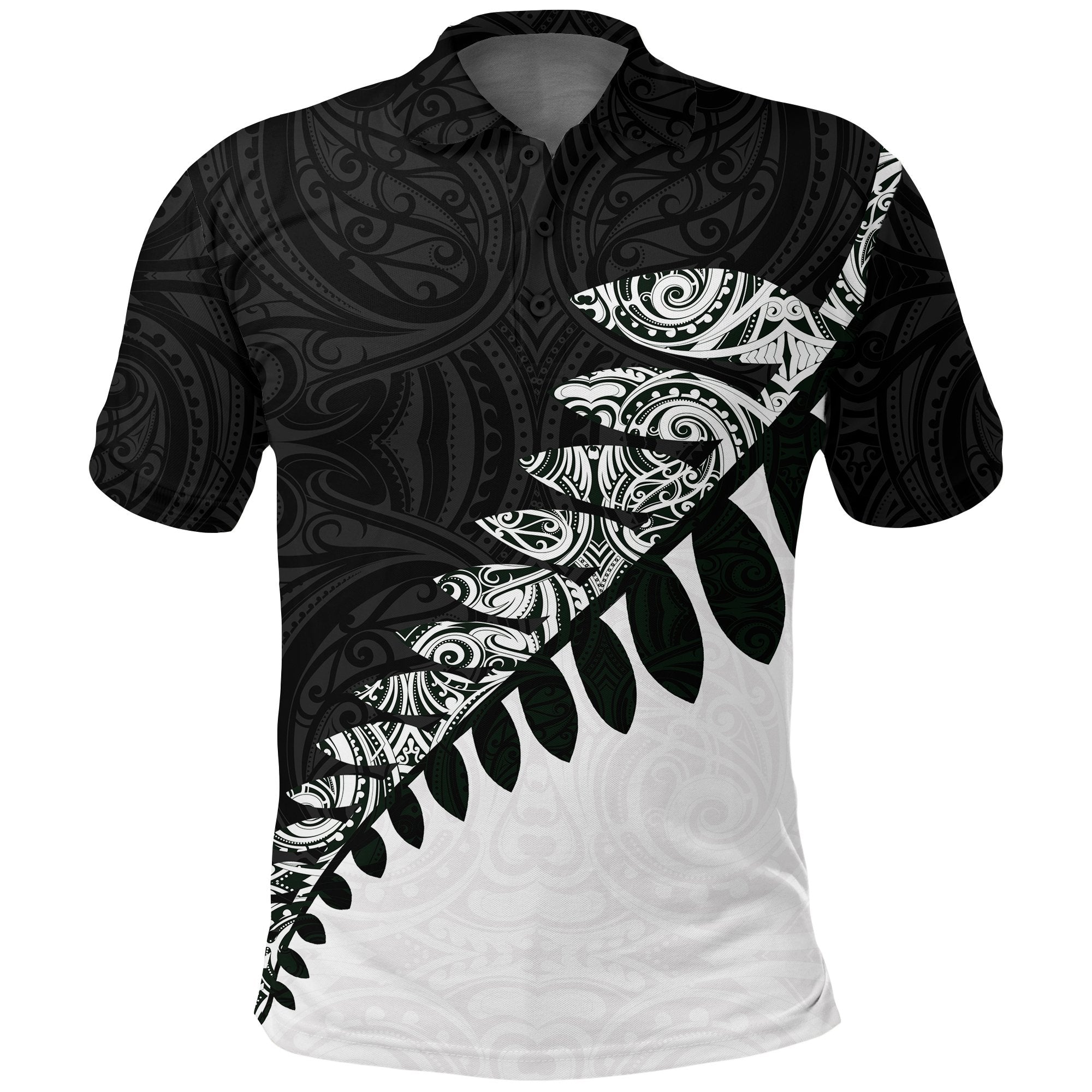 New Zealand Polo Shirt, Maori Silver Fern Black White Unisex Black - Polynesian Pride