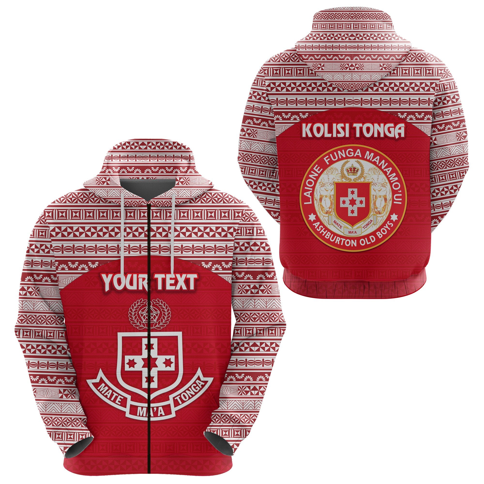 Custom Kolisi Tonga Zip Hoodie Mate Maa Tonga Simple Version Ashburton Old Boys Unisex Red - Polynesian Pride