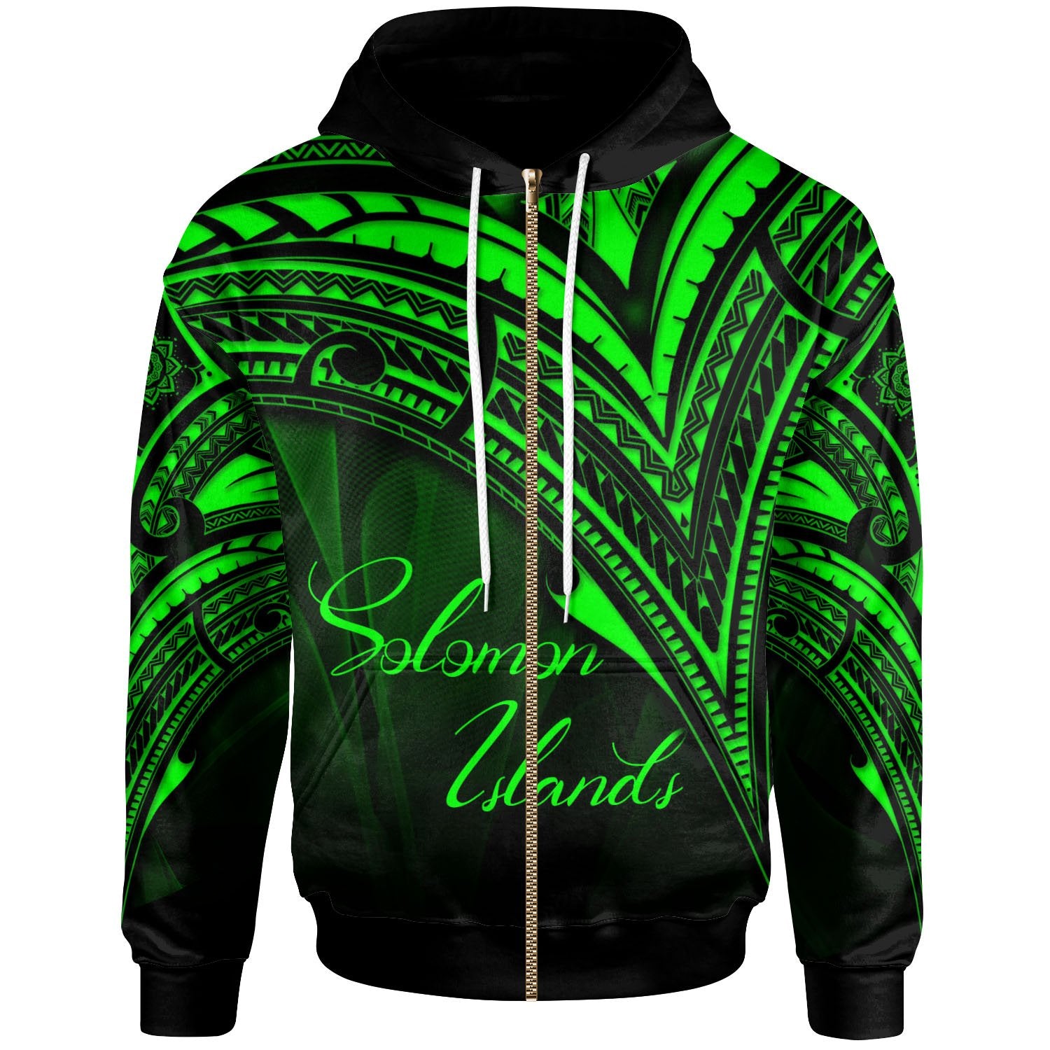 Solomon Islands Zip Hoodie Green Color Cross Style Unisex Black - Polynesian Pride