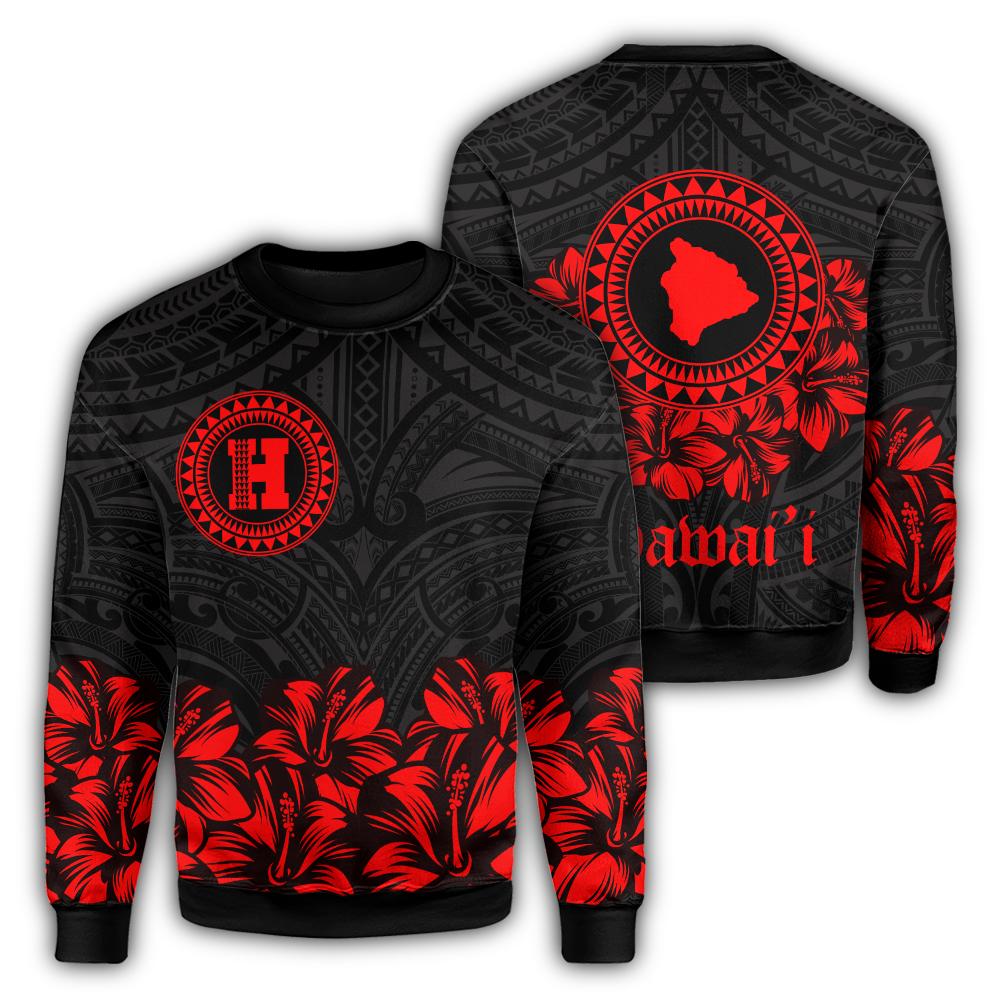 Hawaii Map Hibiscus Polynesian Sweatshirt - Lithe Style - AH Unisex Red - Polynesian Pride