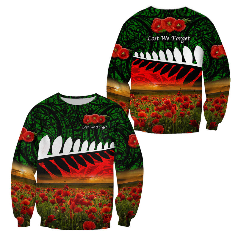 New Zealand Maori ANZAC Sweatshirt Poppy Vibes - Green LT8 Unisex Green - Polynesian Pride