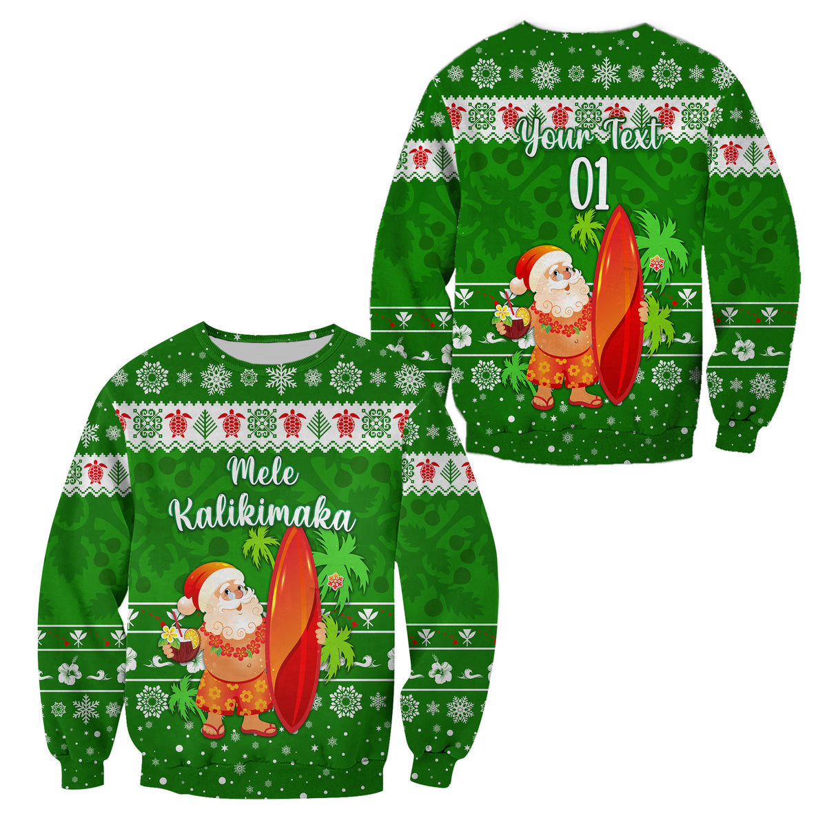 (Custom Personalised) Hawaii Christmas Sweatshirt Santa Claus Surfing Simple Style - Green LT8 Unisex Green - Polynesian Pride