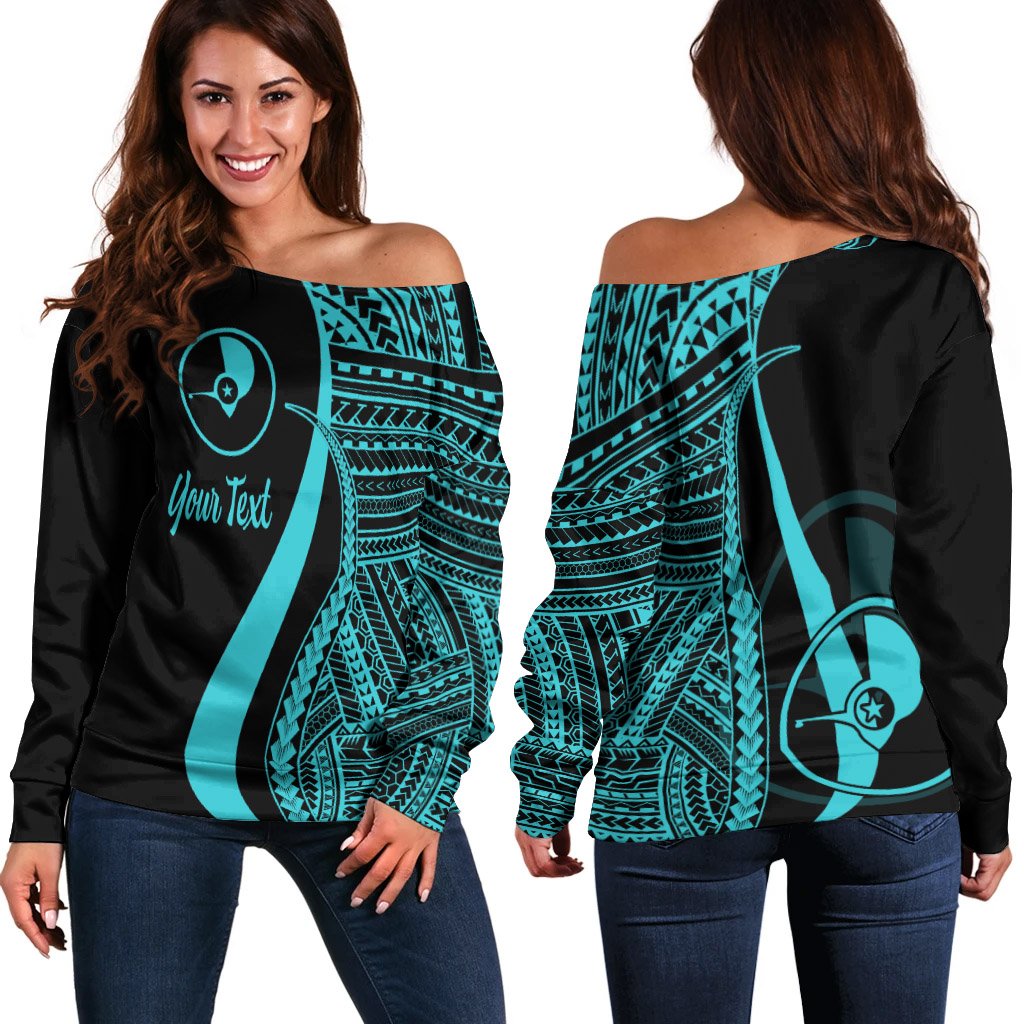 Yap Custom Personalised Women's Off Shoulder Sweater - Turquoise Polynesian Tentacle Tribal Pattern Turquoise - Polynesian Pride