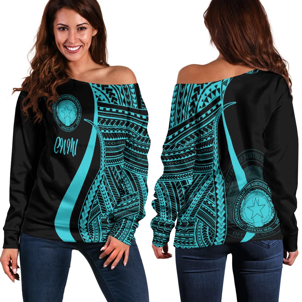 Northern Mariana Islands Women's Off Shoulder Sweater - Turquoise Polynesian Tentacle Tribal Pattern Turquoise - Polynesian Pride