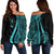 Niue Women's Off Shoulder Sweater - Turquoise Polynesian Tentacle Tribal Pattern Turquoise - Polynesian Pride