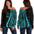 Chuuk Women's Off Shoulder Sweater - Turquoise Polynesian Tentacle Tribal Pattern Turquoise - Polynesian Pride