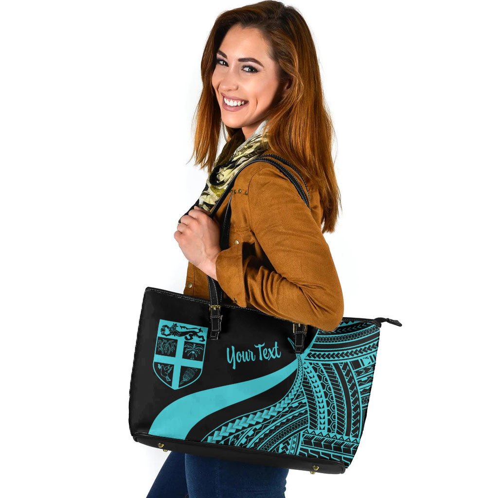 Fiji Custom Personalised Large Leather Tote Bag - Turquoise Polynesian Tentacle Tribal Pattern Turquoise - Polynesian Pride