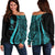 New Caledonia Women's Off Shoulder Sweater - Turquoise Polynesian Tentacle Tribal Pattern Turquoise - Polynesian Pride