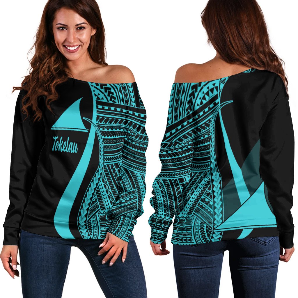 Tokelau Women's Off Shoulder Sweater - Turquoise Polynesian Tentacle Tribal Pattern Turquoise - Polynesian Pride