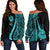 Tahiti Women's Off Shoulder Sweater - Turquoise Polynesian Tentacle Tribal Pattern Turquoise - Polynesian Pride