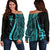 Fiji Women's Off Shoulder Sweater - Turquoise Polynesian Tentacle Tribal Pattern Turquoise - Polynesian Pride