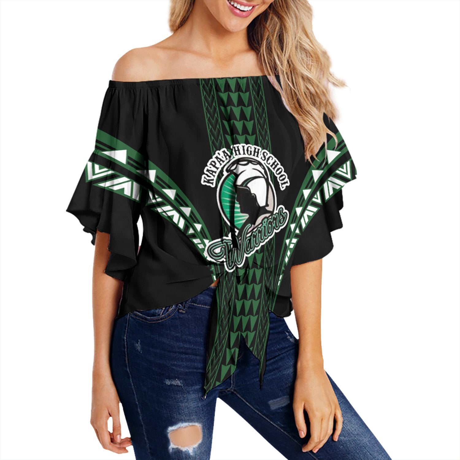 Hawaii - Kapaa High Football Jersey Off Shoulder Waist Wrap Top - AH Female Black - Polynesian Pride