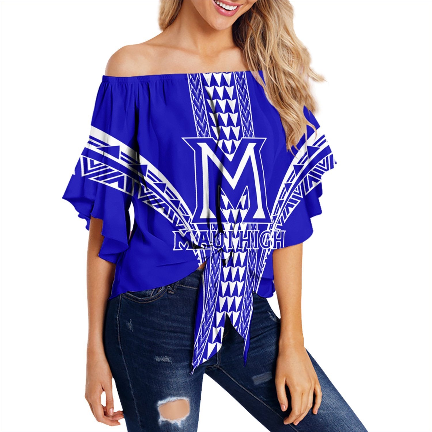 Hawaii - Maui High Football Jersey Off Shoulder Waist Wrap Top - AH Female Blue - Polynesian Pride