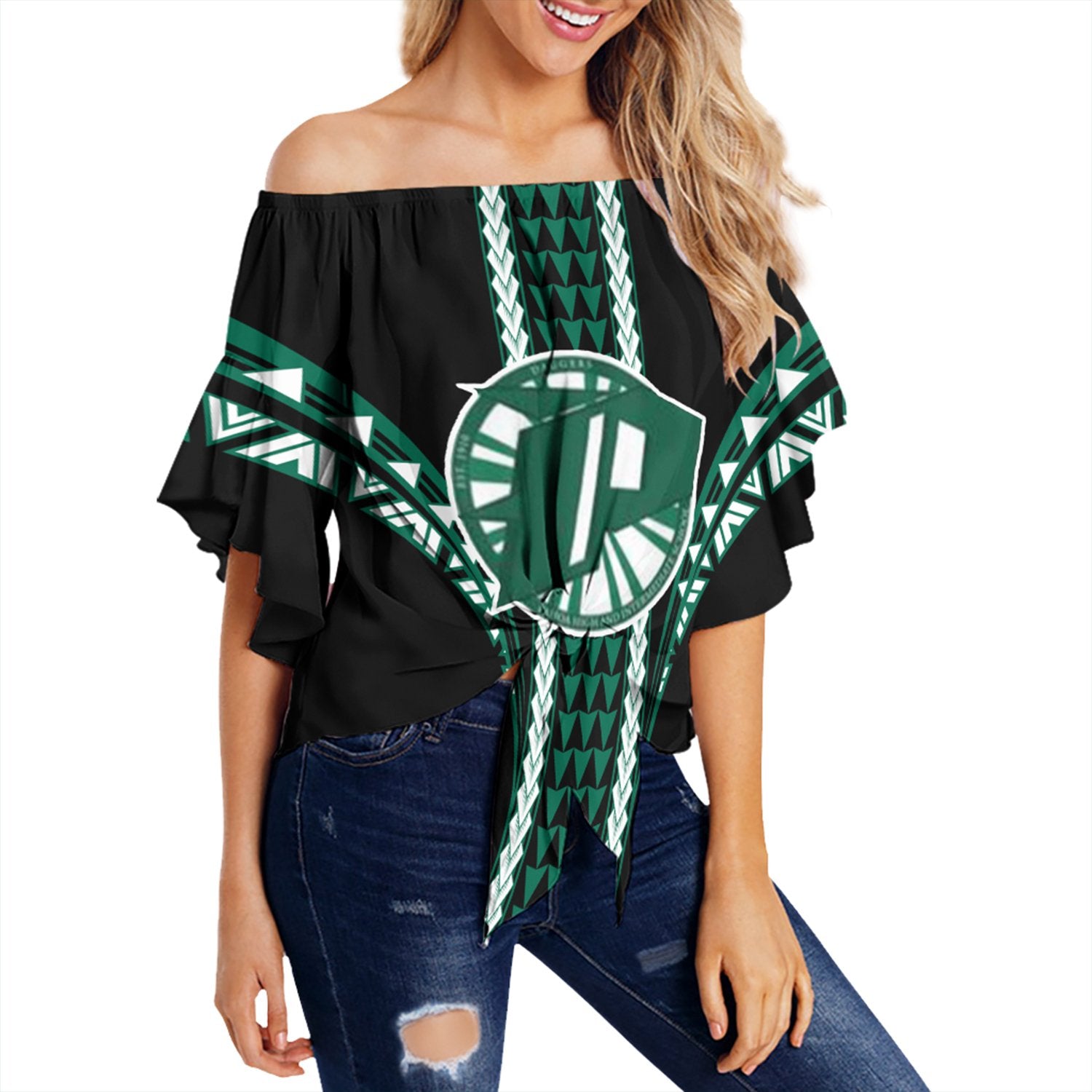 Hawaii - Pahoa High Football Jersey Off Shoulder Waist Wrap Top - AH Female Green - Polynesian Pride