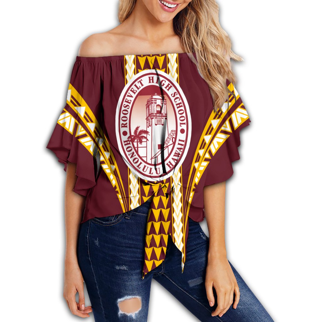 Hawaii - Roosevelt High Football Jersey Off Shoulder Waist Wrap Top - AH Female Red - Polynesian Pride