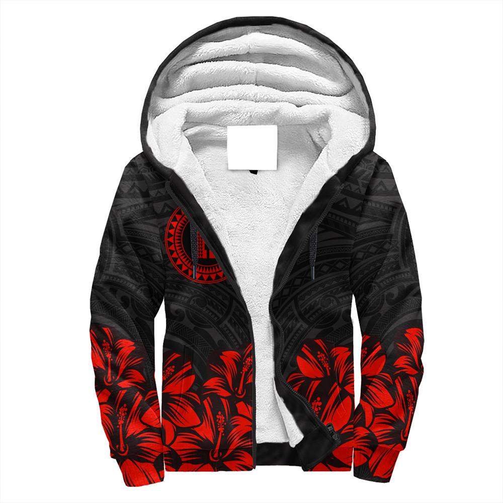 Hawaii Map Hibiscus Polynesian Sherpa Hoodie - Lithe Style - AH Red - Polynesian Pride