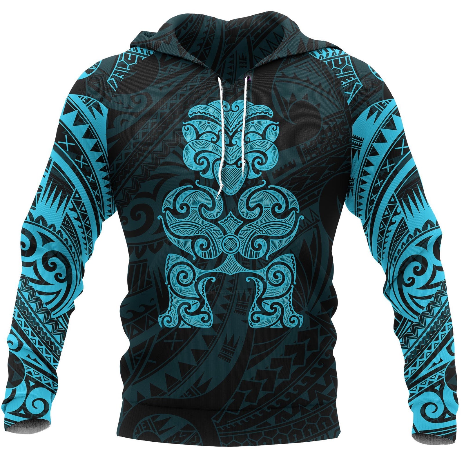 Tiki Maori Tattoo All Over Hoodie Blue Unisex Blue - Polynesian Pride