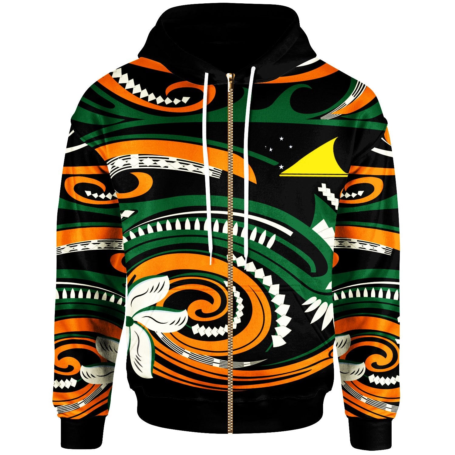 Tokelau Zip Hoodie Vortex Style Unisex Green Orange - Polynesian Pride