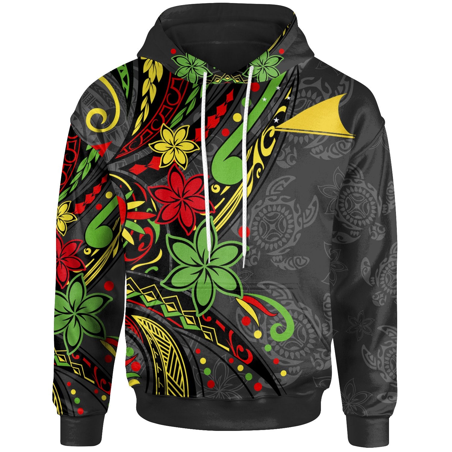 Tokelau Hoodie Tribal Flower With Special Turtles Unisex Black - Polynesian Pride