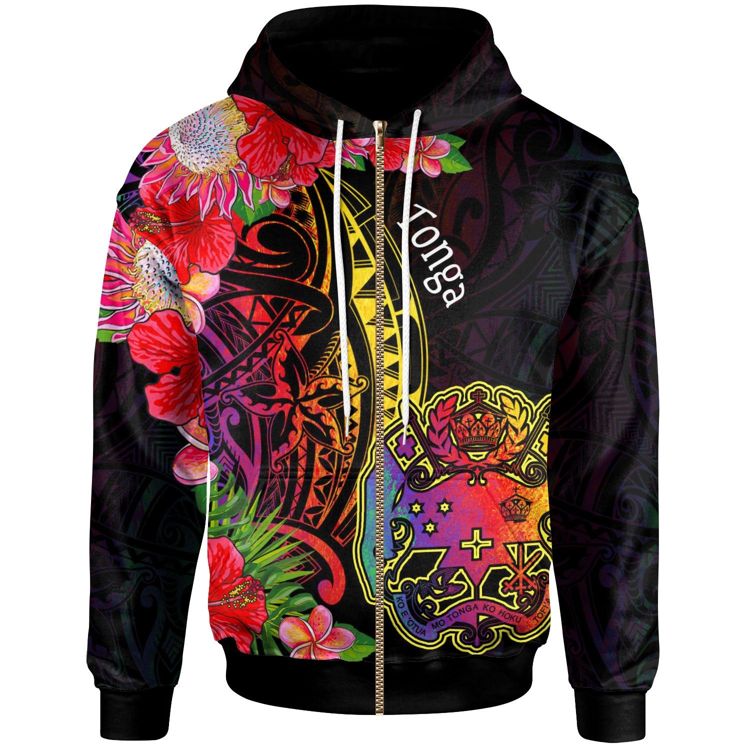 Tonga Zip Hoodie Tropical Hippie Style Unisex Black - Polynesian Pride